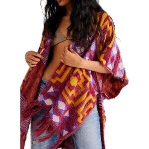 Free People Diamondback Cozy Kimono Purple Yellow Southwestern OS Eyelash Knit